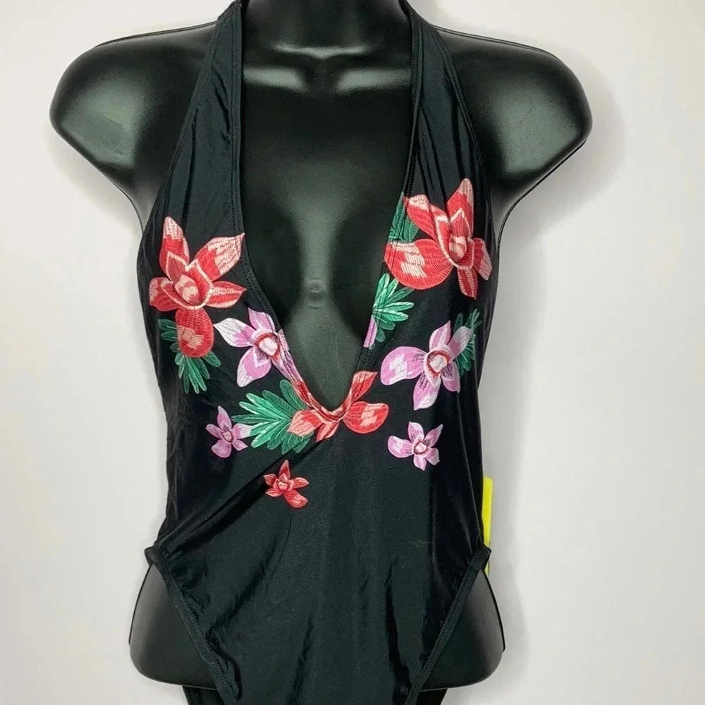 Black floral print high leg T-back Swimsuit Sz: M